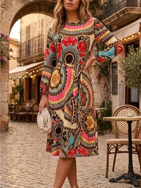 JEYREY Baroque Medallion Long Sleeve Midi Dress in Multicolor 1X